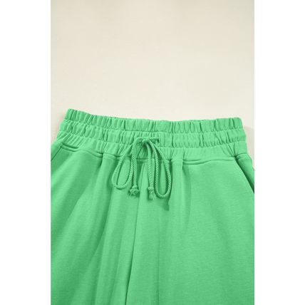 Bright Green Drop Shoulder Puff Sleeve Crop Pullover Drawstring Wide Leg Pants S