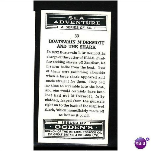 Ogden's Cards 1939 Sea Adventure No 39 Boatswain McDermott and the Shark Mint
