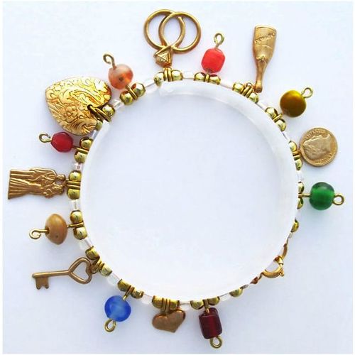 Bracelet #1 gold plated bead & gold metal charms 7.5 inch unisex costume jewelry