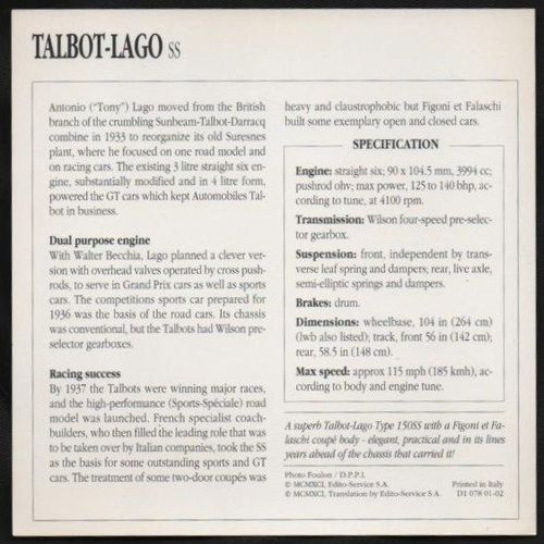 1937 to 1938 Talbot-Lago SS Classic Car Photo and Info Card