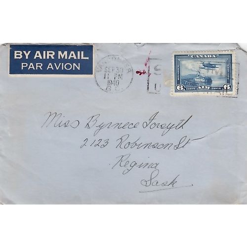 Canada, 1938 6c Air stamp on cover from Canadian Air Force, Vancouver to Regina.