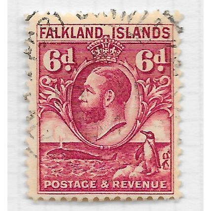 FALKLAND 1929 KG5 WHALE & GENTOO PENGUINS SIX PENCE SG121 121 SG USED