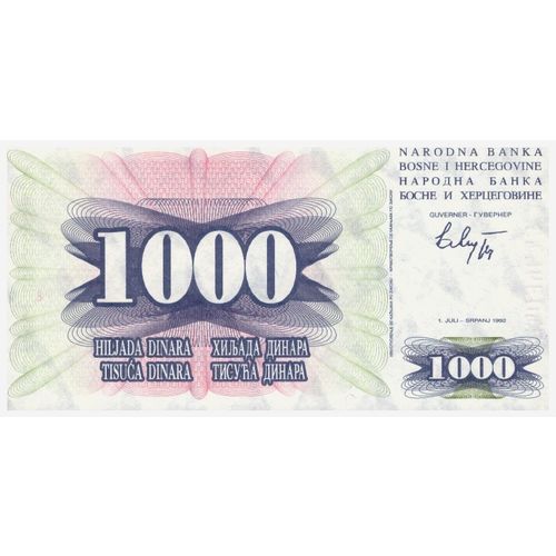 1992 - Bosnia and Herzegovina 1,000 Dinara Banknote UNC