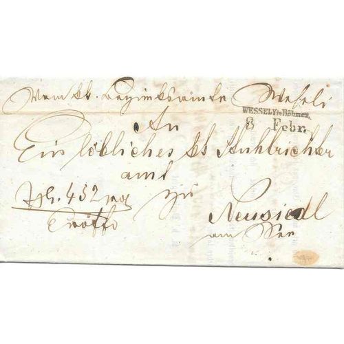 Czech Stampless 1857, WESSELY IN BÖHMEN to Neusiedl am See, Official Mail Seal