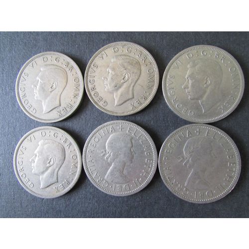 1947 - 1950 GEORGE VI & 1956 - 1957 ELIZABETH II HALFCROWNS SIX COINS IN TOTAL.