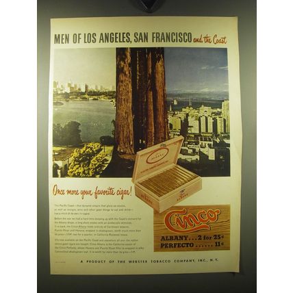 1947 Webster Tobacco Cinco Albany Cigars Ad - Men of Los Angeles, San Francisco