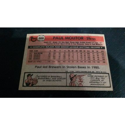 1981 Topps Card # 300 Paul Molitor Very Good-Excellent (4) Milwaukee Brewers