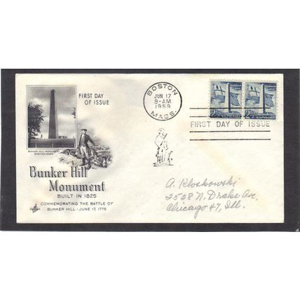 FDC Art Craft 1034 2 1/2c Bunker Hill Pair (Cachet-Penciled/A) CV39069