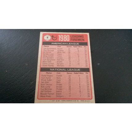 1981 Topps Card # 008 1980 Leading Firemen Excellent (5)