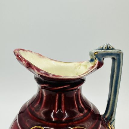 Majolica Red Pitcher Blue Ribbon Fairy Portrait Numbered 9in Porcelain Antique