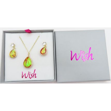 Fuchshia Opalescent Drop & Necklace with Drop Earrings Set Gold Coloured Gift