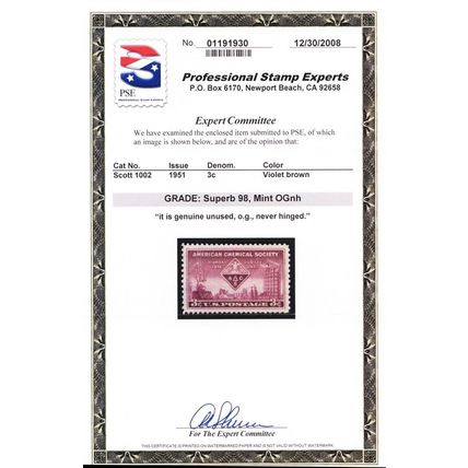 1002, Mint Superb NH 3¢ - PSE Graded 98 Certificate - Stuart Katz