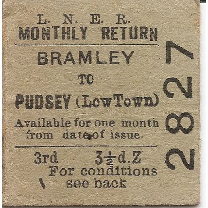 L.N.E.R. Edmondson Ticket - Bramley to Pudsey Low Town