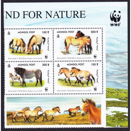 Mongolia WWF Przewalski's Horse Block of 4 WWF Logo 2000 MNH SG#2861-2864