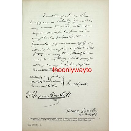 C Vanderbilt & Horace Greeley, Facsimile Letter, Book Illustration, 1886/7