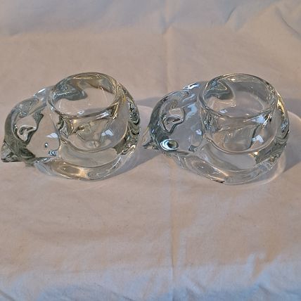 Indiana Glass Heavy 2 Clear CRYSTAL SLEEPING CAT Votive tea light Candle Holder