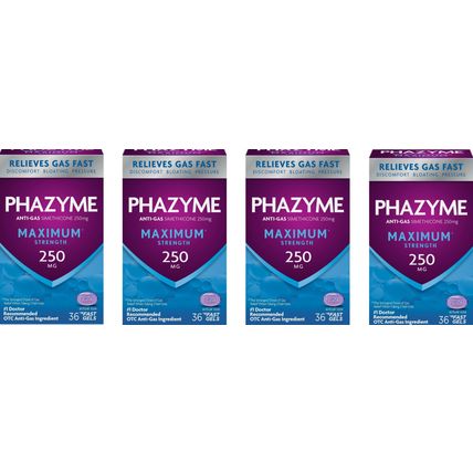 Phazyme Anti Gas MAXIMUM STRENGTH 250mg Simethicone 36 FAST GELS 4PK 6/26