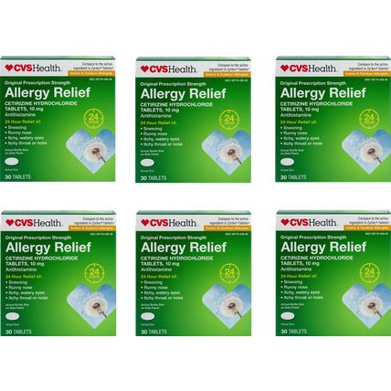 6PK EQUATE 24 HR ALLERGY RELIEF CETIRIZINE HYDROCHLORIDE 30ct EACH 9/26