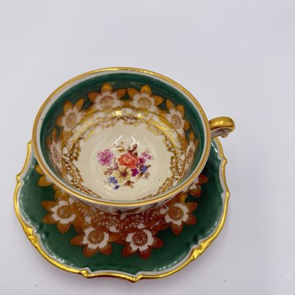 Antique Schwarzenhammer Bavaria Porcelain Gold Trim tea cup & saucer Green