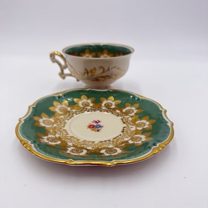 Antique Schwarzenhammer Bavaria Porcelain Gold Trim tea cup & saucer Green