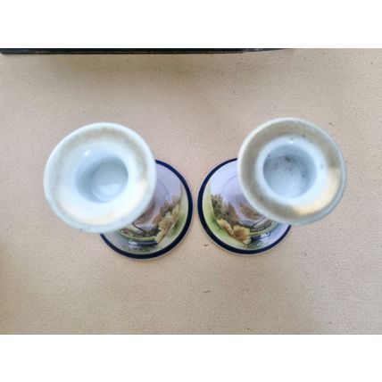 Pair of Candle Stick Holders, Noritake China, 1930s Japanese Porcelain Swan Lake