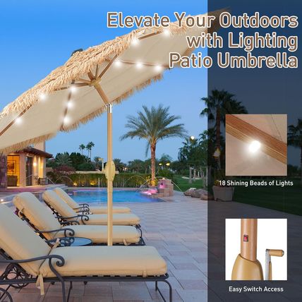 GDY 7.5Ft Tiki Patio Umbrella with 18 LED Lights, Outdoor Table Umbrella with Cr
