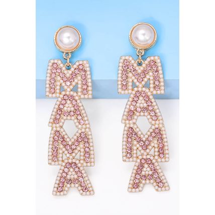 Apricot Pink MAMA Rhinestone Pearl Dangle Stud Earrings