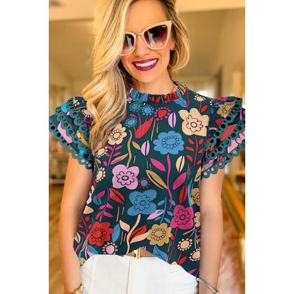 Green Trimmed Ruffle Sleeve Summer Floral Blouse