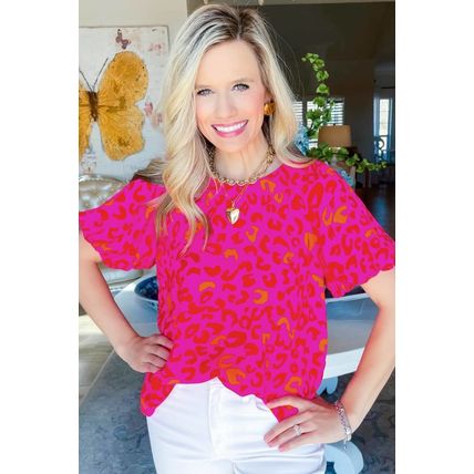 Rose Leopard Printed Puff Sleeve Top