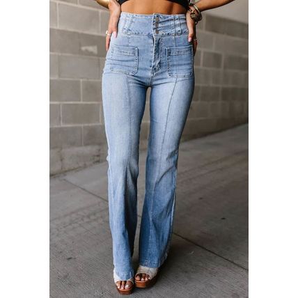 Light Blue Fly Button Exposed Seam Patched Pocket Flare Jeans