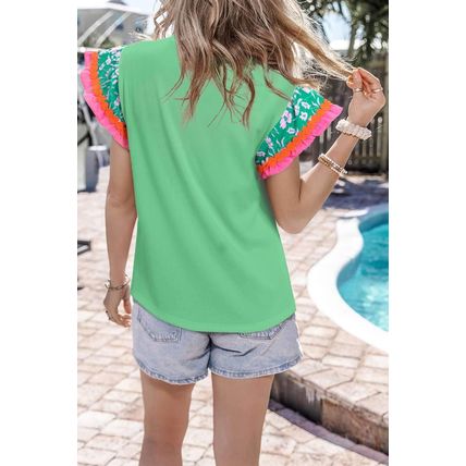 Light Green Contrast Ricrac Floral Sleeve Top