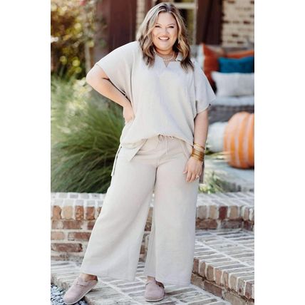 Beige Plus Size Textured Collared Top and Pants Set