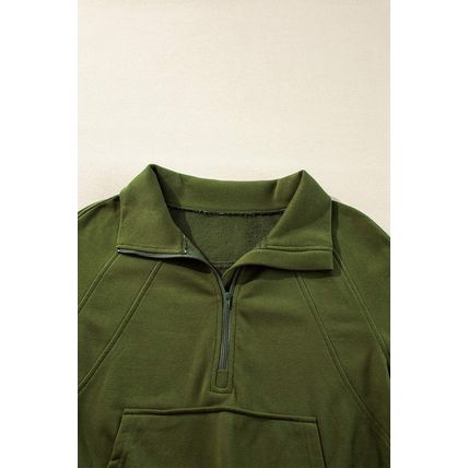 Moss Green Quarter Zip Stand Neck Kangaroo Pocket Sweatshirt