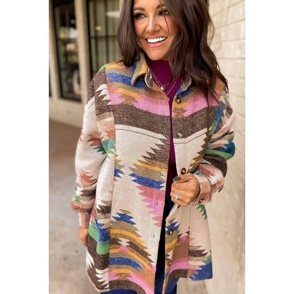 White Aztec Print Button Up Shacket