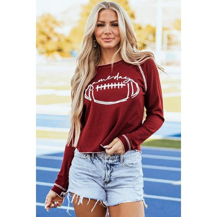 Red Game Day Rugby Football Graphic Thermal Knit Top