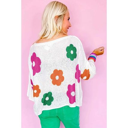 White Floral Print Buttoned Loose Lightweight Sweater