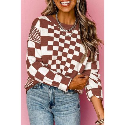 Brown Checkered Print Drop Shoulder Round Neck Sweater