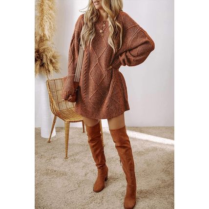 Coffee Cable Knit Drop Shoulder Loose Fit Sweater Dress