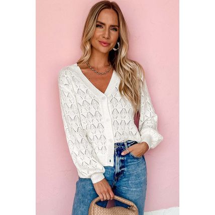 White Lightweight Buttoned Front Crochet Cardigan
