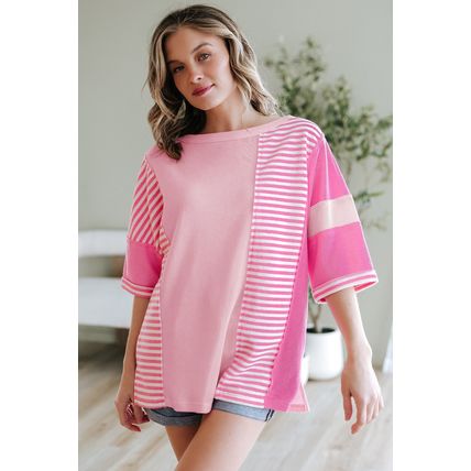 Pink Stripe Color Block Patchwork Loose Half Sleeve T Shirt