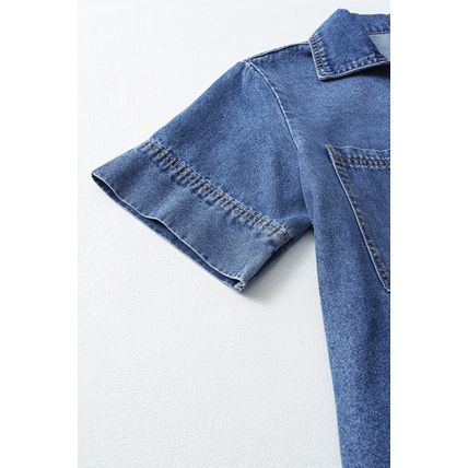 Blue Short Sleeve Collared Patched Pocket Denim Mini Dress