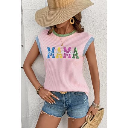 Pink Sequined MAMA Graphic Corded Rib Knit Colorblock T Shirt