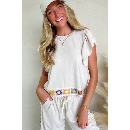 White Floral Crochet Patched Ruffled Sleeve Crewneck Blouse