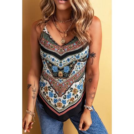 Red Mixed Floral Chevron Pattern Dip Hem Spaghetti Straps Tank