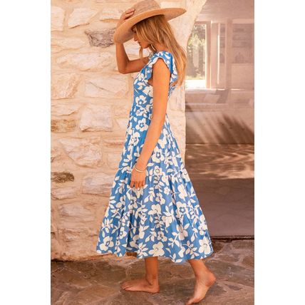 Sky Blue Floral U Neck Flutter Shoulder Tiered Flowy Midi Dress