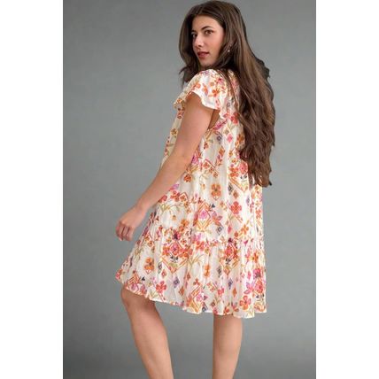 Apricot Floral Geometric Print Ruffled Trim Flutter Sleeve Mini Dress