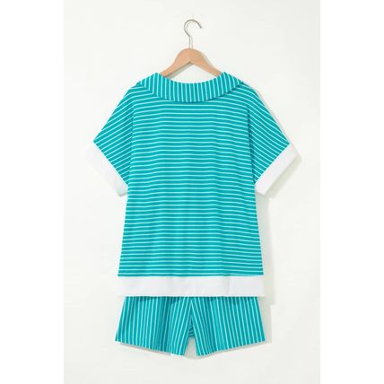 Sky Blue Stripe V Neck Tee and Casual Short Set