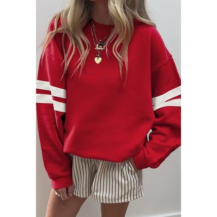 Fiery Red Varsity Striped Detail Drop Shoulder Oversized Sweatshirt