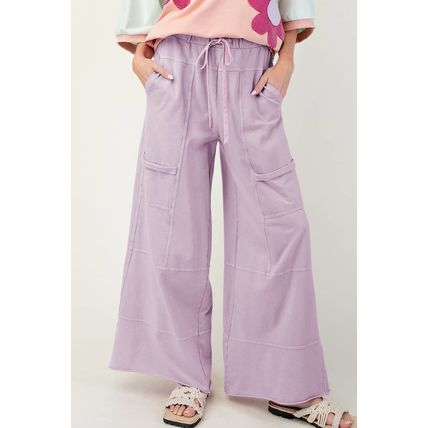 Pink Mineral Wash Exposed Seam Drawstring High Waist Wide Leg Cargo Pants