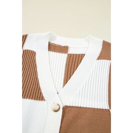 Khaki Checkered Pattern Ribbed Detail Button V Neck Sweater Cardigan